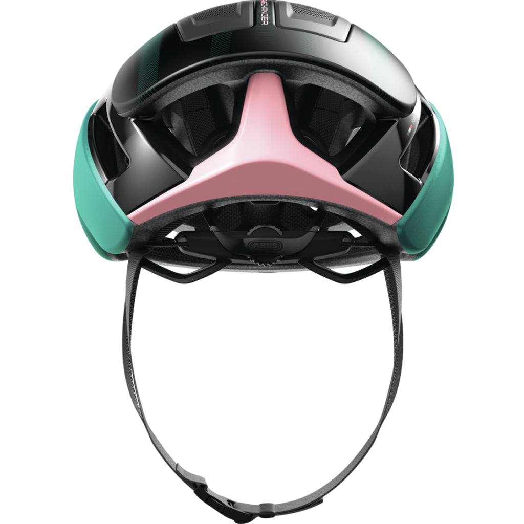 Lightweight Abus Tropical Turquoise helmet with Zoom Pro adjustment system for a snug fit.