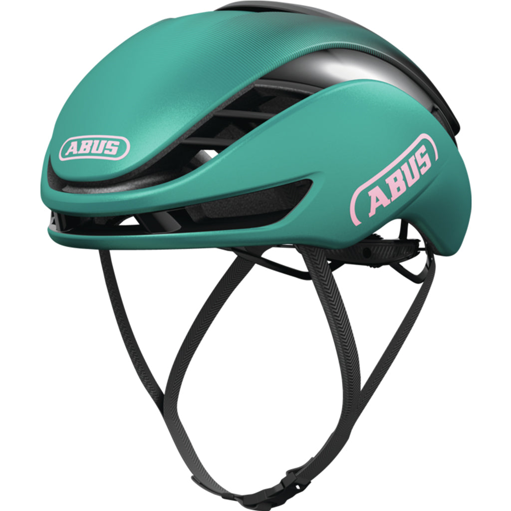 Abus aero cycling helmet with ActiCage reinforcement and ponytail compatibility in matt turquoise.


