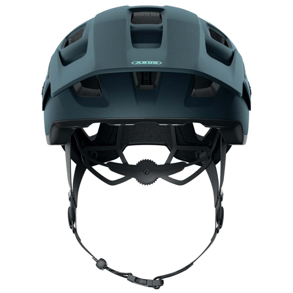 Abus MoDrop mountain bike helmet in Midnight Blue, showing adjustable visor.