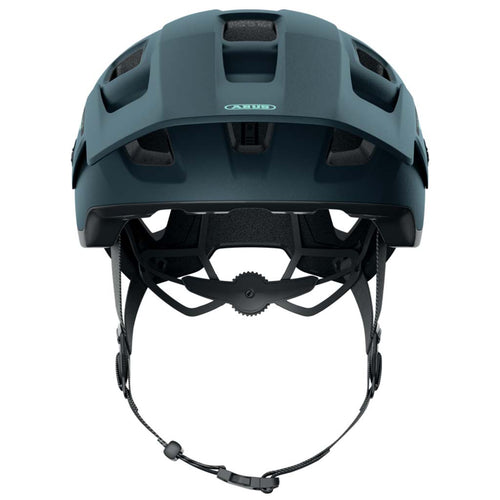 Abus MoDrop mountain bike helmet in Midnight Blue, showing adjustable visor.