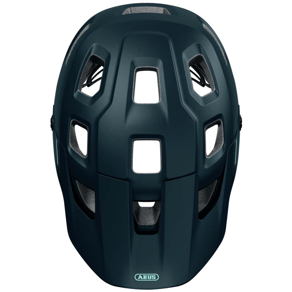 Abus MoDrop MTB helmet in Midnight Blue, side profile showcasing excellent ventilation.