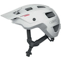 Abus MoDrop mountain bike helmet in Polar White, showing the adjustable visor.