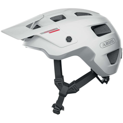 Abus MoDrop mountain bike helmet in Polar White, showing the adjustable visor.