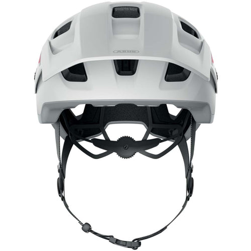 Interior view of Abus MoDrop helmet in Polar White, highlighting the adjustment system and padding.