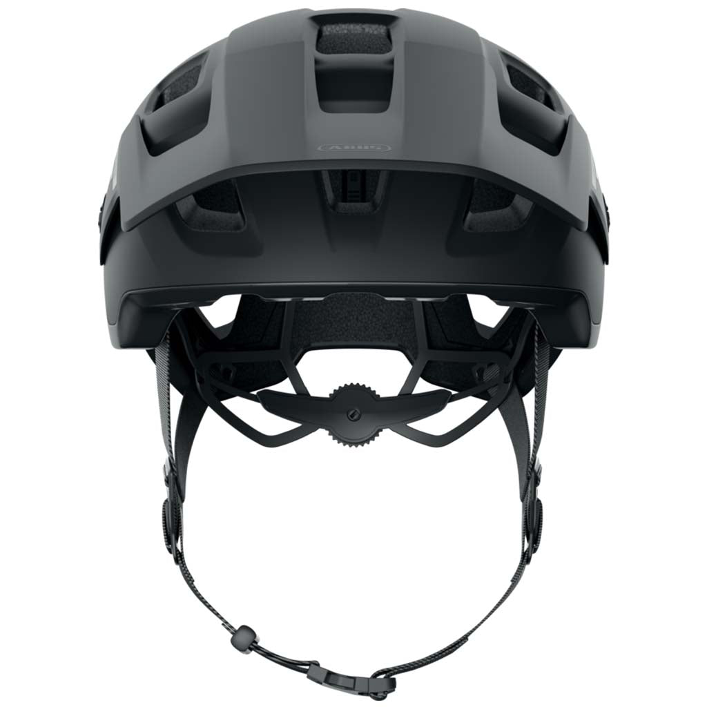Abus MoDrop mountain bike helmet in Velvet Black, showing the adjustable visor.