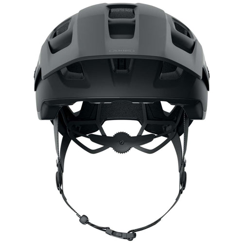 Abus MoDrop mountain bike helmet in Velvet Black, showing the adjustable visor.