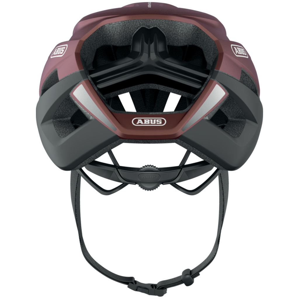 Abus Bloodmoon Red helmet featuring ponytail compatibility and air cooling.