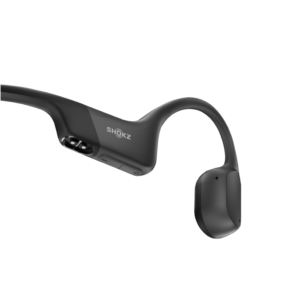 Close-up of the Shokz OpenRun Black headband and earhook design.