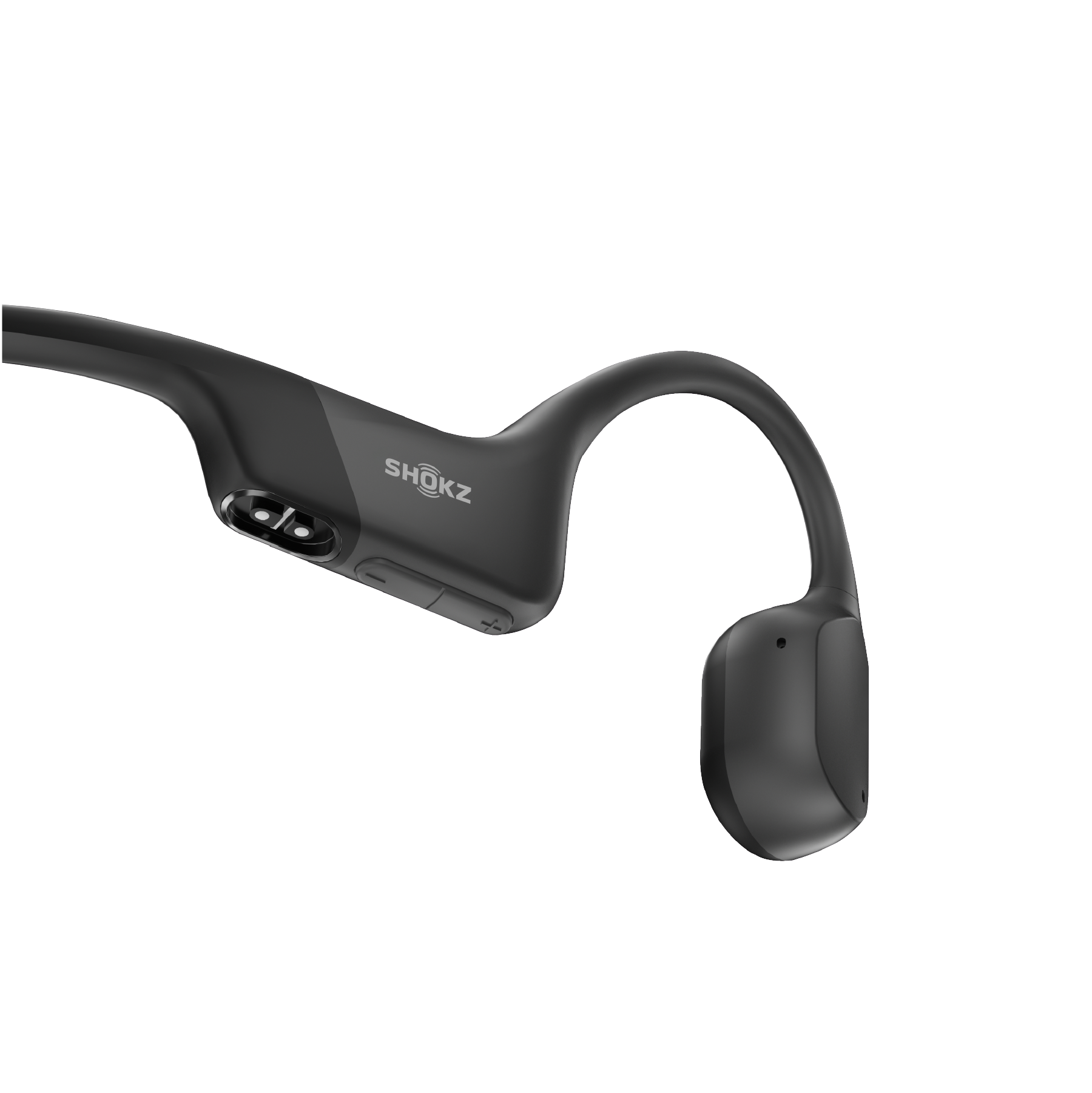 Close-up of the Shokz OpenRun Black headband and earhook design.