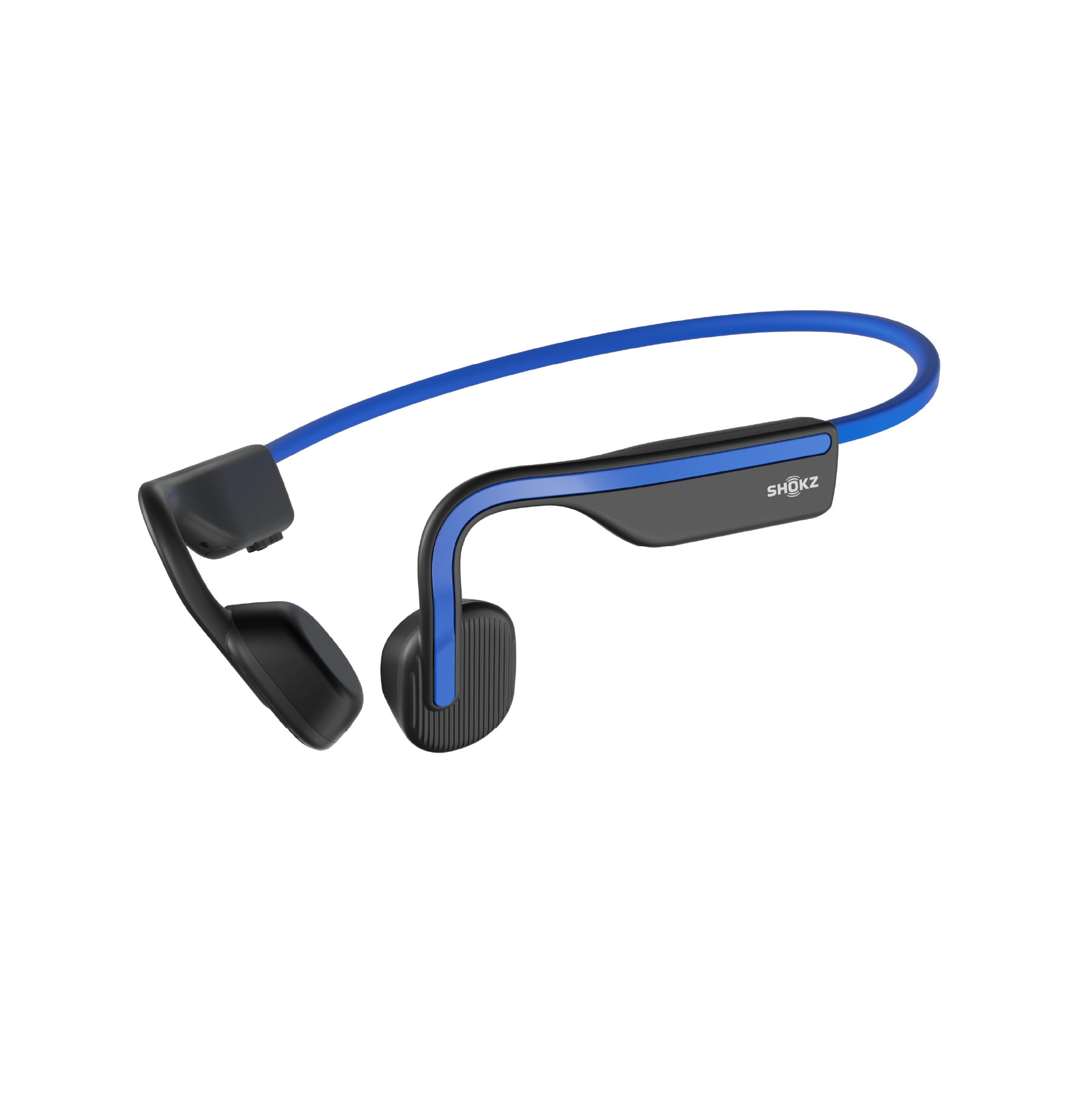 Shokz OpenMove Blue bone conduction headphones, front product shot on white background.