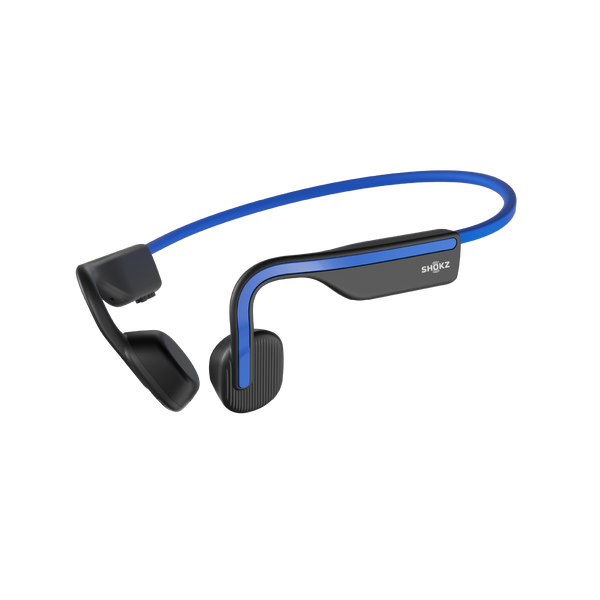 Shokz OpenMove Blue bone conduction headphones, front product shot on white background.