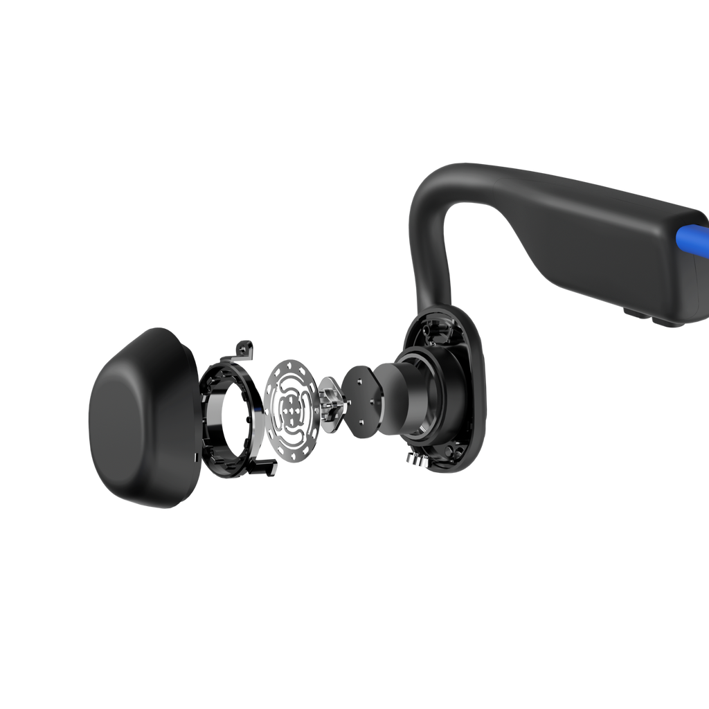 Close-up of the Shokz OpenMove Blue titanium headband and earhook design.