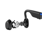 Close-up of the Shokz OpenMove Blue titanium headband and earhook design.