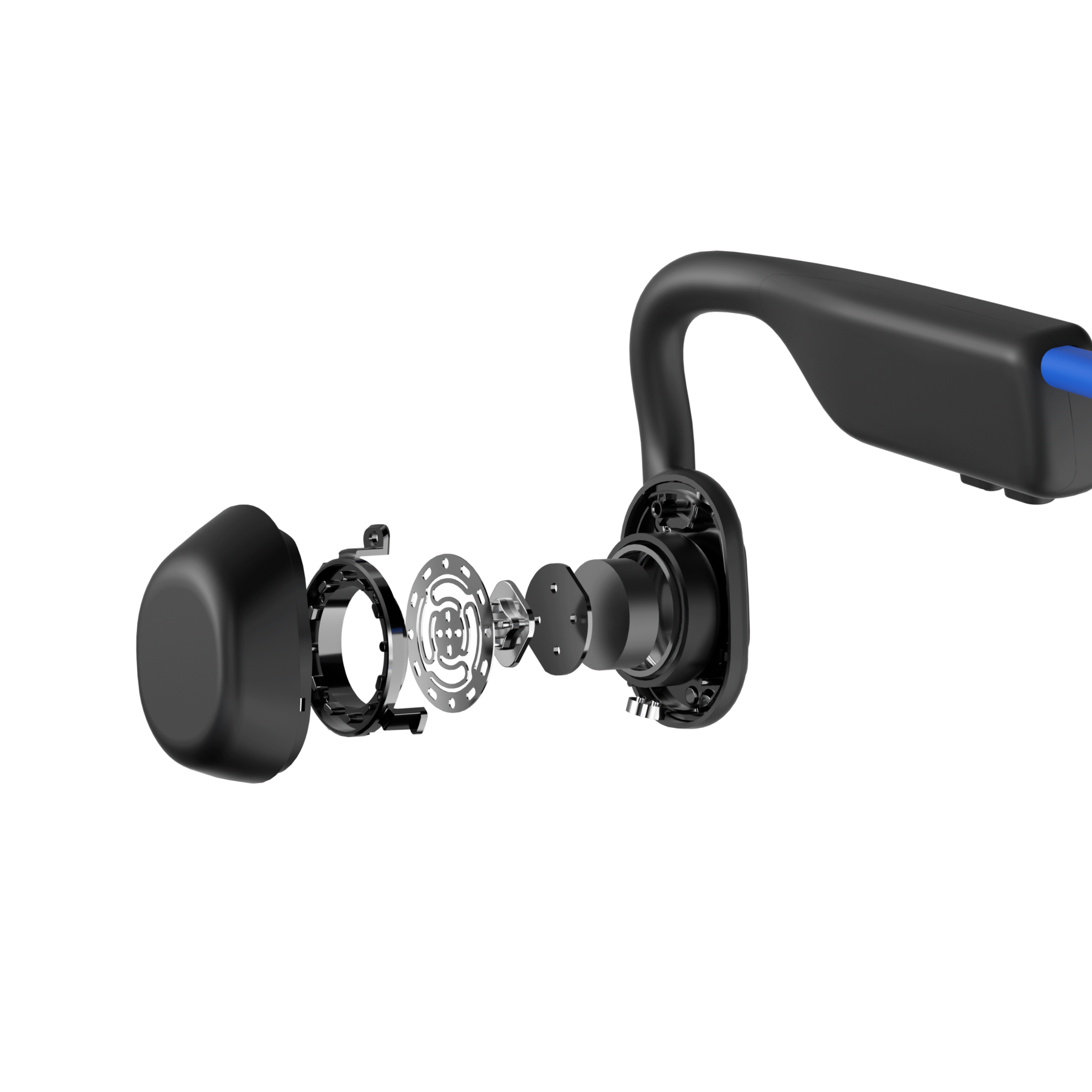 Close-up of the Shokz OpenMove Blue titanium headband and earhook design.