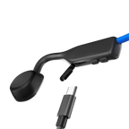 Shokz OpenMove Blue bone conduction headphones with USB-C charging cable.