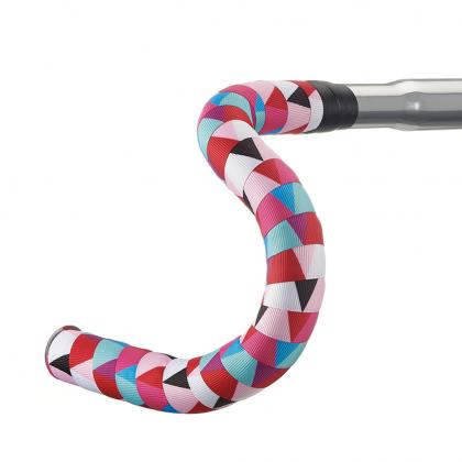 BTP Ribbon Bartape - Jely02 Red flat view, showcasing a vibrant geometric pattern with red, blue, pink, and black triangles.