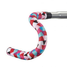 BTP Ribbon Bartape - Jely02 Red flat view, showcasing a vibrant geometric pattern with red, blue, pink, and black triangles.