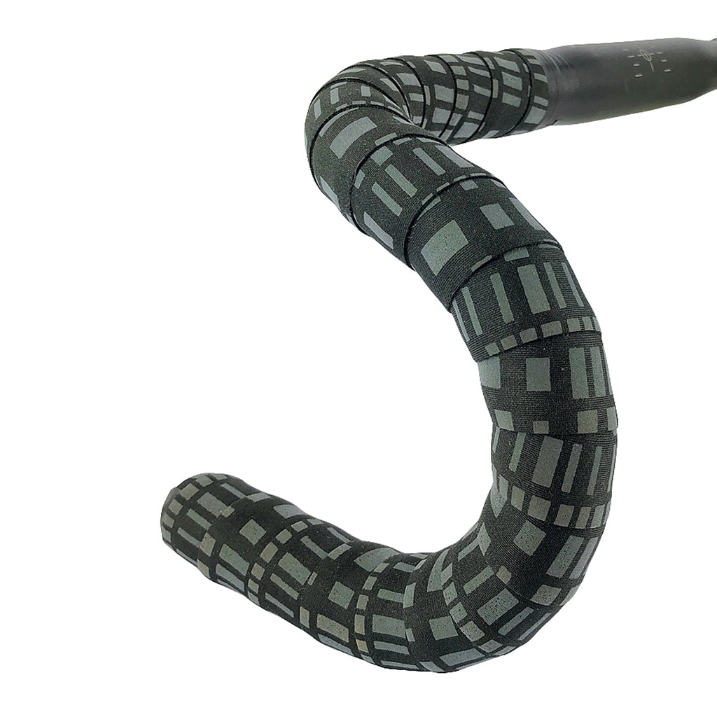 Black and white bicycle handle featuring a square pattern, labeled as BTP Reflective Bartape-Black/Square