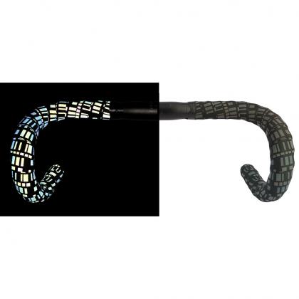 A black and white patterned bicycle handle, identified as BTP Reflective Bartape-Black/Square