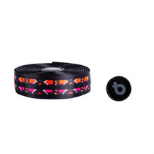 Black and pink striped bicycle bar tape , labeled as BTP Ribbon Bartape Jely Cyber Red and Black