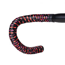 A black handlebar featuring BTP Ribbon Jely Cyber Red and Black Bicycle bar tape