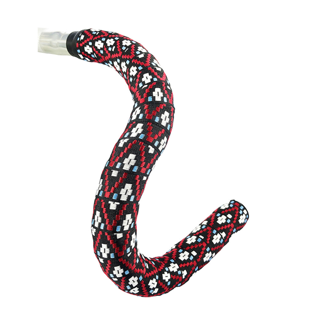 Close-up of BTP Woven Bartape - Digi Path, featuring a unique red, black, and white woven pattern for a stylish cycling handlebar grip.