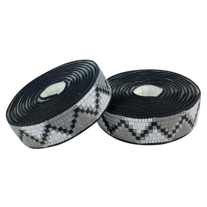 Two rolls of bicycle bar tape and white striped tape on a clean white background, BTP WOVEN BARTAPE-JUNGLE GREY