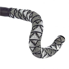 Black and white knitted bicycle bar tape labeled BTP WOVEN BARTAPE-JUNGLE GREY