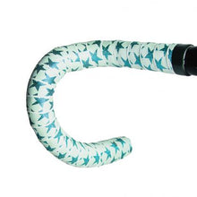 Bicycle handle featuring a blue and white patterned design, labeled as BTP Woven Bartape-Star Aqua