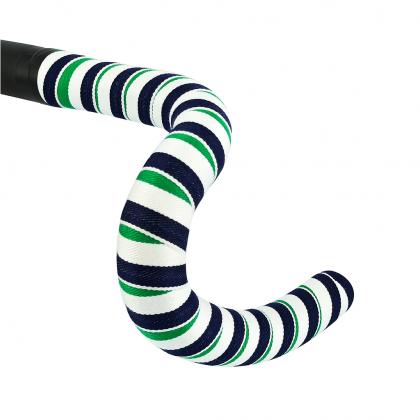 Bicycle handle featuring green and white striped bike handlebar tape, labeled as BTP Woven Bartape in Grassy White/Green design