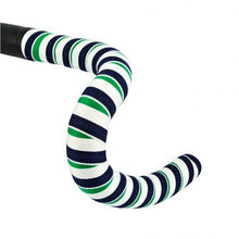 Bicycle handle featuring green and white striped bike handlebar tape, labeled as BTP Woven Bartape in Grassy White/Green design
