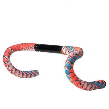 Bicycle handlebar wrapped in vibrant, jungle-themed tape featuring colorful designs for a summer aesthetic.