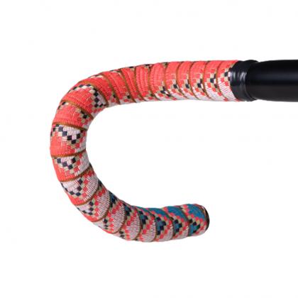 Colorful bicycle handle featuring jungle summer designs on woven bartape.
