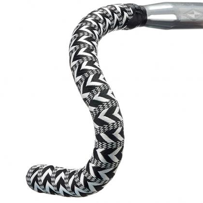 bicycle handlebar wrapped in chevron-patterned tape, showcasing a BTP bike handlebar tape