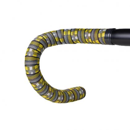 A bicycle handle in black and yellow with a yellow stripe, identified as BTP Woven Bartape-Tartan Yellow
