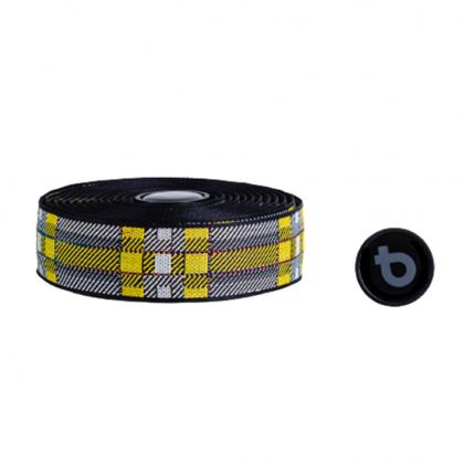 Black and yellow bicycle handle with a yellow stripe, known as BTP Woven Bartape-Tartan Yellow