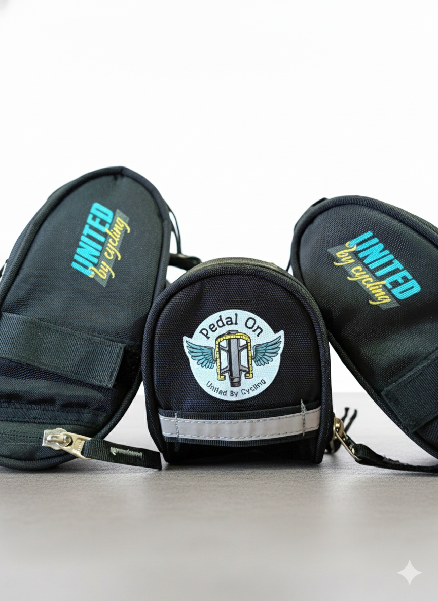 Black polyester bicycle seat bag with Velcro straps