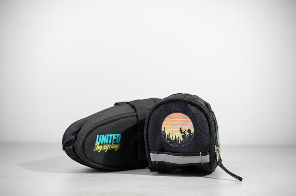 Black polyester bicycle seat bag with Velcro straps