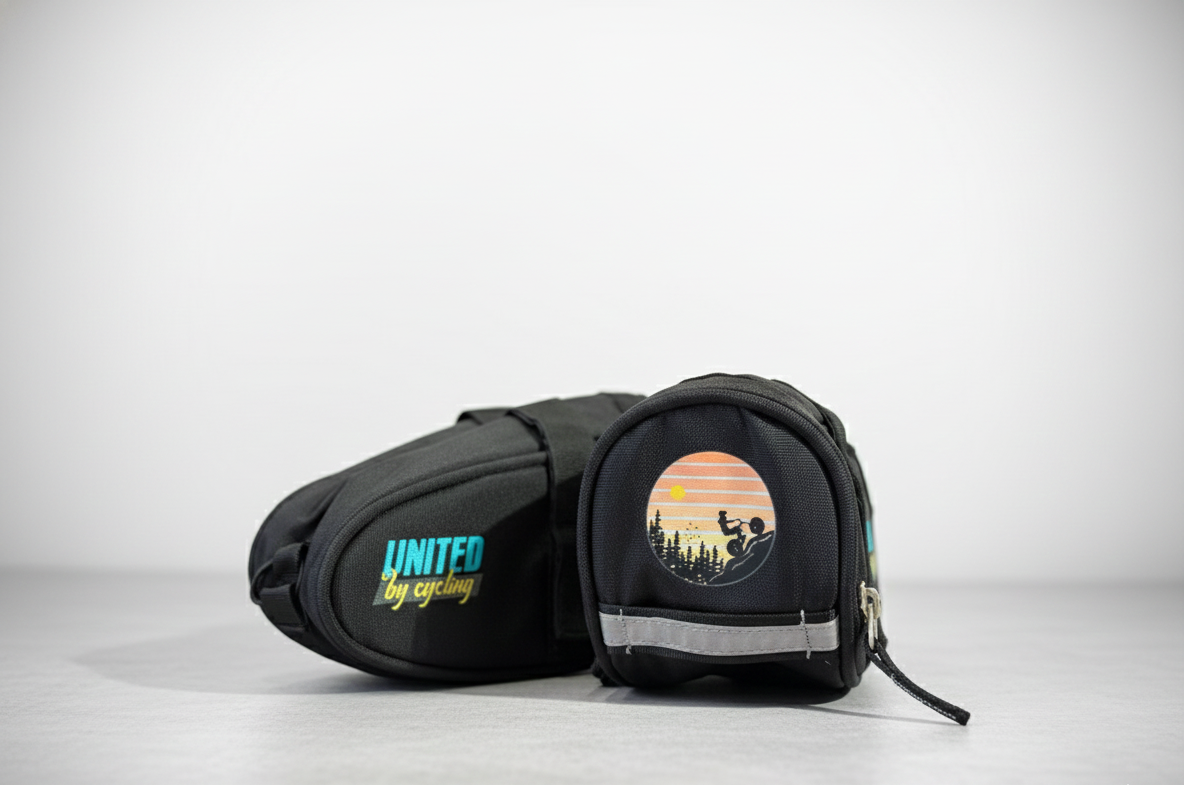 Black polyester bicycle seat bag with Velcro straps