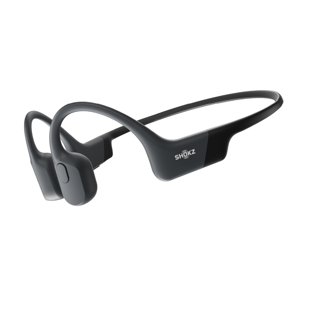 Shokz OpenRun Black bone conduction headphones, front product shot on white background.
