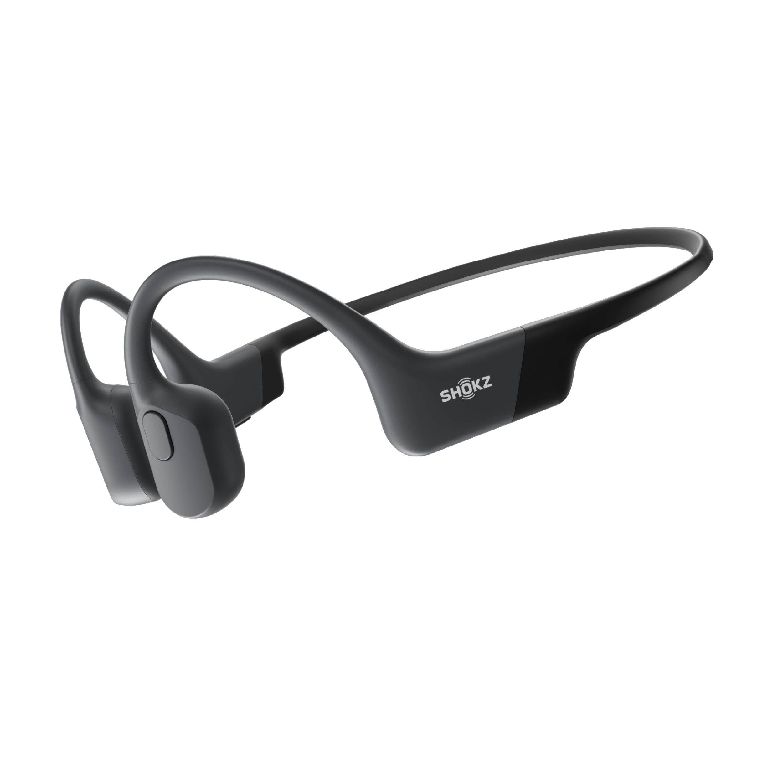 Shokz OpenRun Black bone conduction headphones, front product shot on white background.