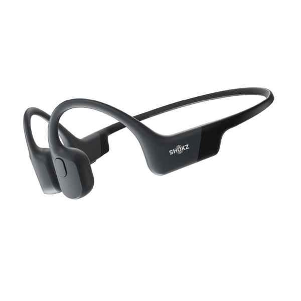 Shokz OpenRun Black bone conduction headphones, front product shot on white background.