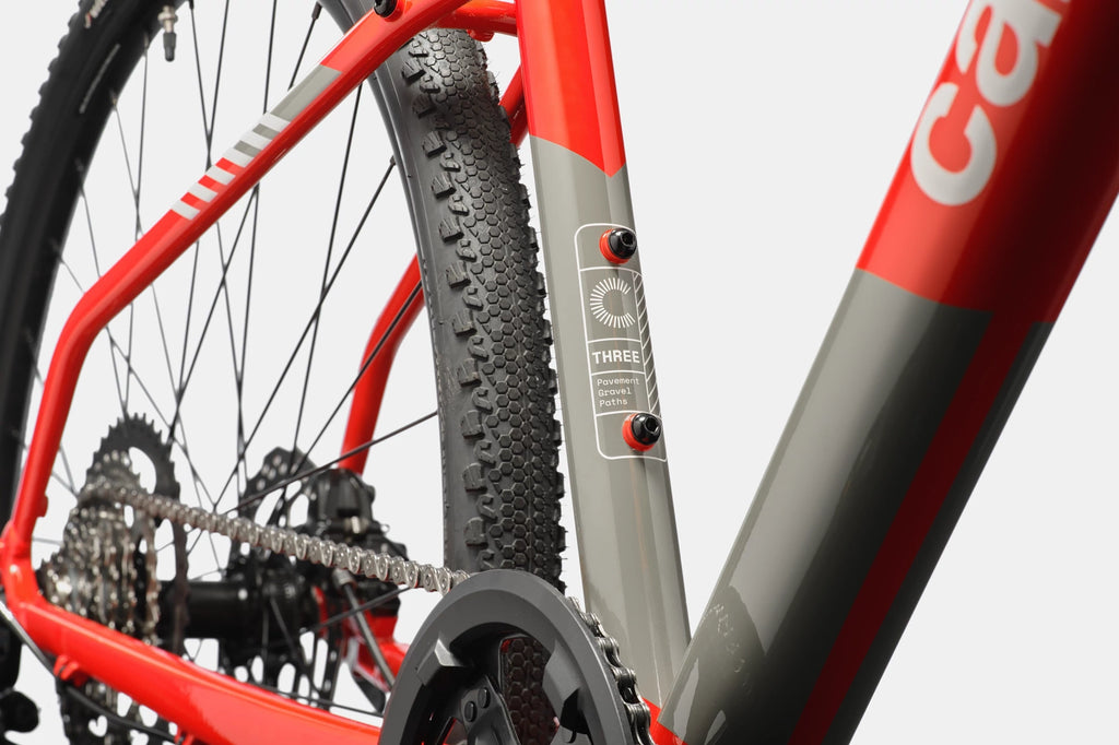 Rear angle of Cannondale Quick CX 3 hybrid bike in red