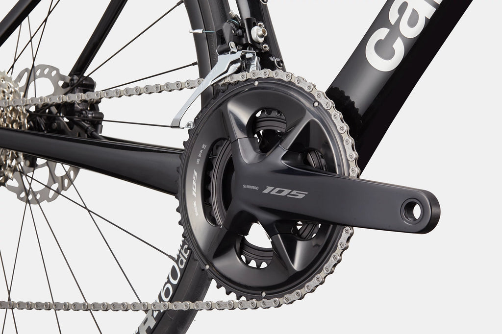 Close-up of Shimano 105 drivetrain on Cannondale SuperSix EVO 4 Black