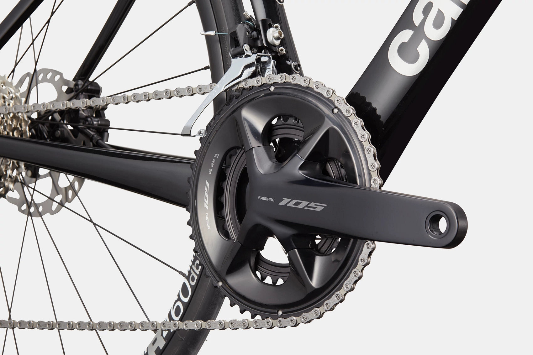 Close-up of Shimano 105 drivetrain on Cannondale SuperSix EVO 4 Black
