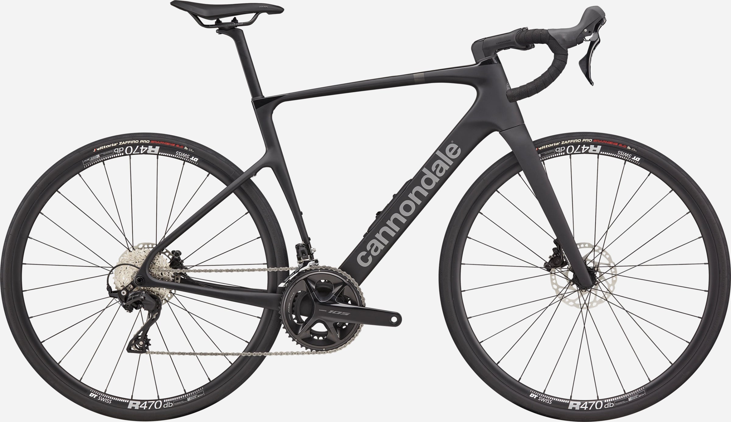 Full view of the black Cannondale Synapse Carbon 5 endurance road bike, highlighting its sleek carbon frame design.