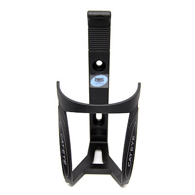 Front view of the black Cateye BC-300 bottle cage, showing the Cateye logo and mounting holes.