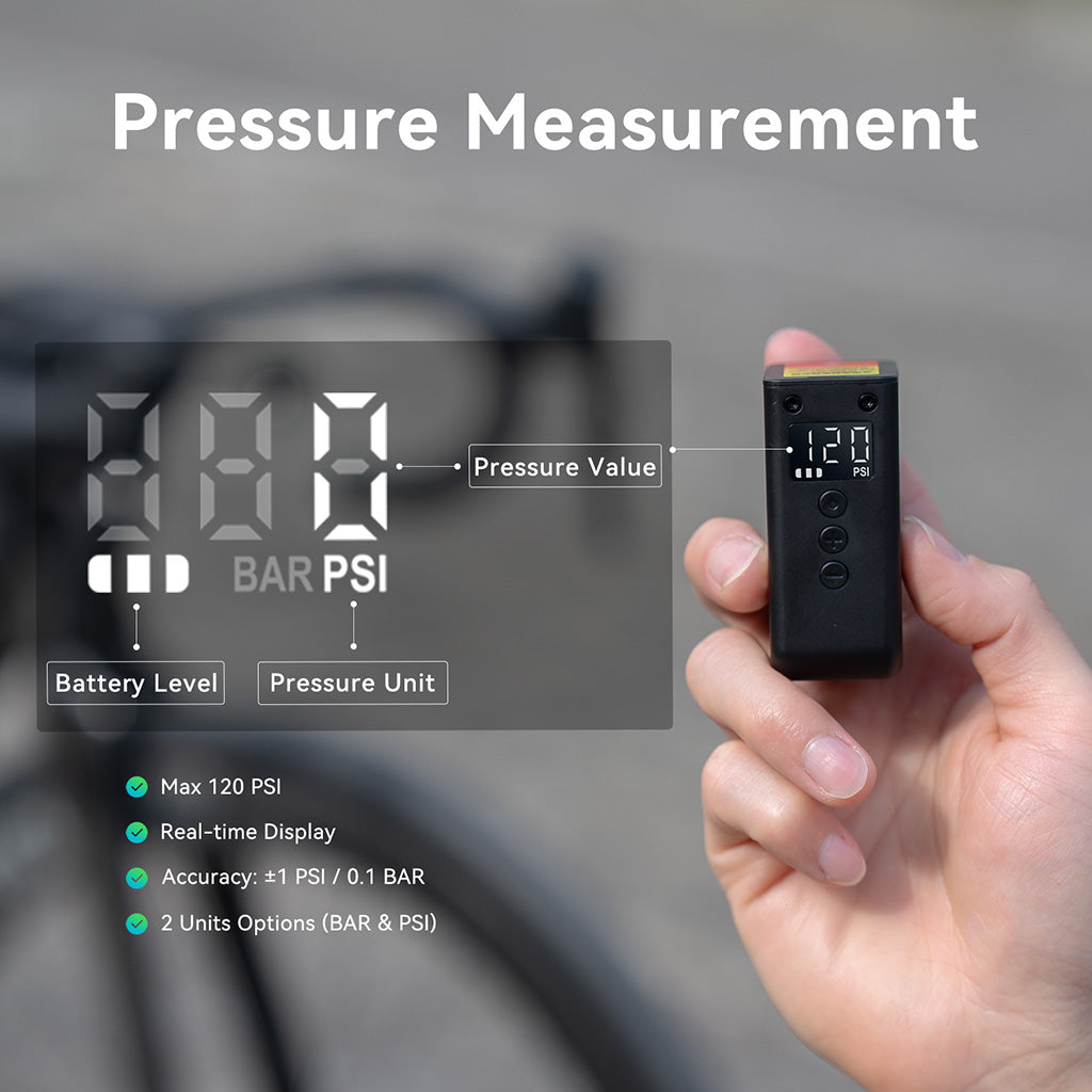 Close-up of Cycplus AS2 Ultra LED display showing real-time tire pressure