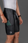 Man wearing Evolve Cycling Shorts showcases side pocket