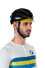Man wearing black cycling helmet on Yellow Hustle Unisex Cycling Cap